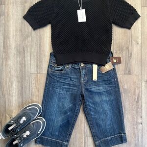 Black Textured Top and Denim Shorts